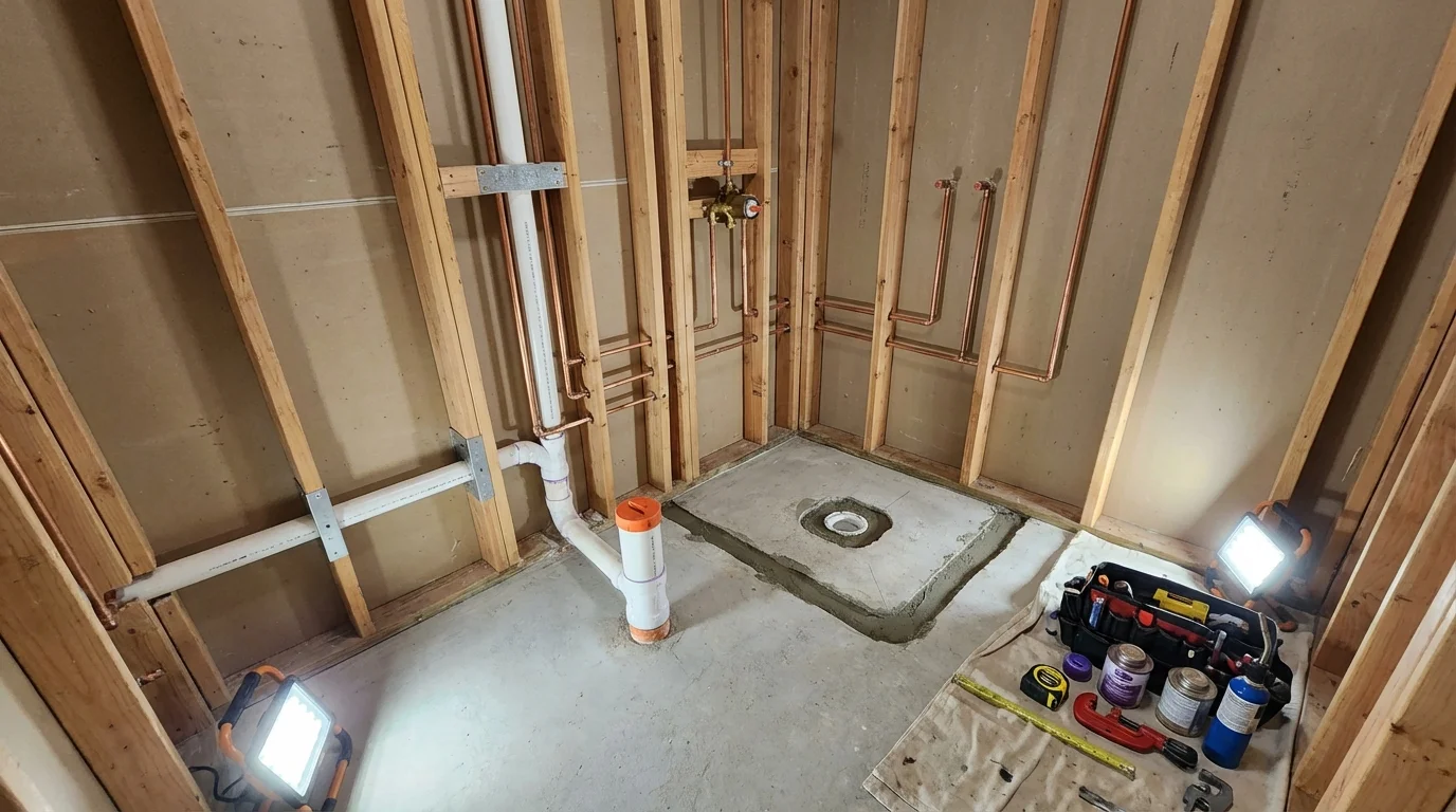 Bathroom rough-in plumbing during remodel by Johns Plumbing LLC in Gibbsboro