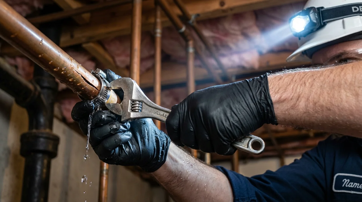 Emergency pipe clamp repair being performed by a Johns Plumbing LLC plumber in Gibbsboro