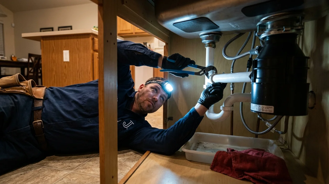 P-trap and supply line connections under a kitchen sink showing a common leak point in Gibbsboro, NJ